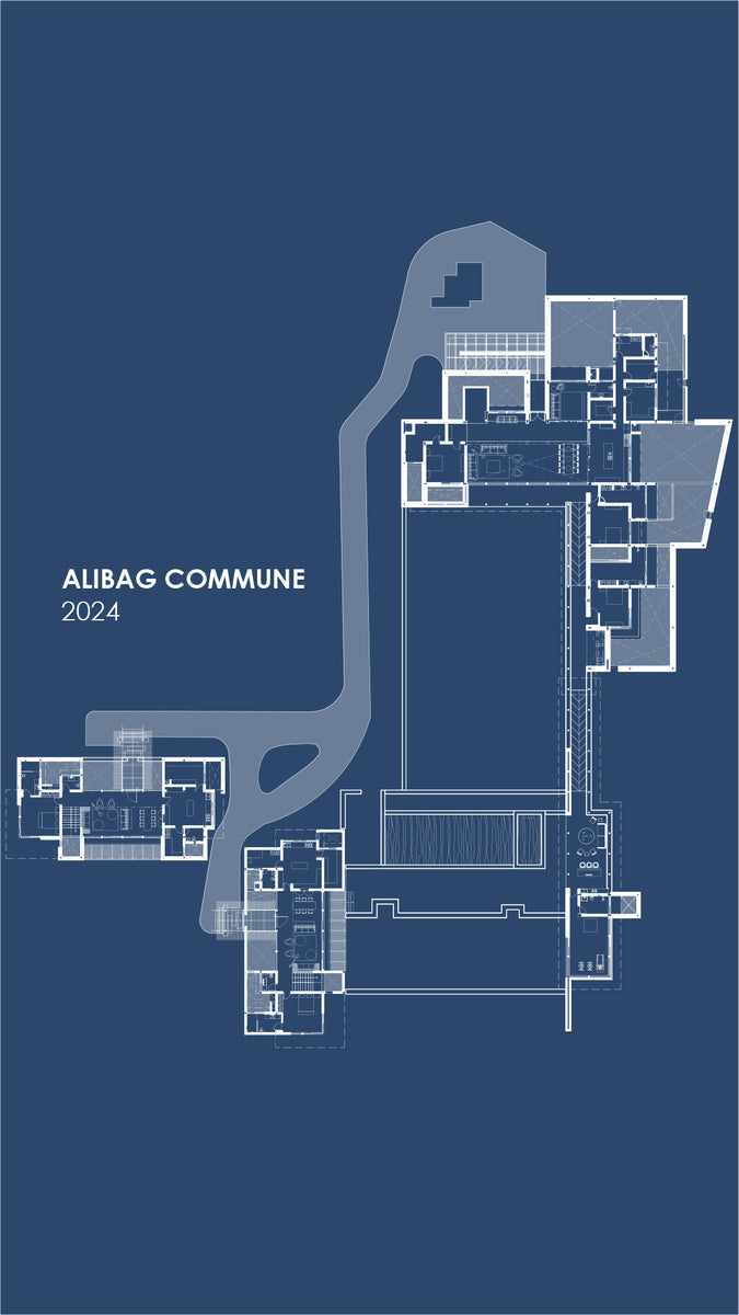 Site plan of Alibaug Commune in white on blue, three houses linked around a pool and drive