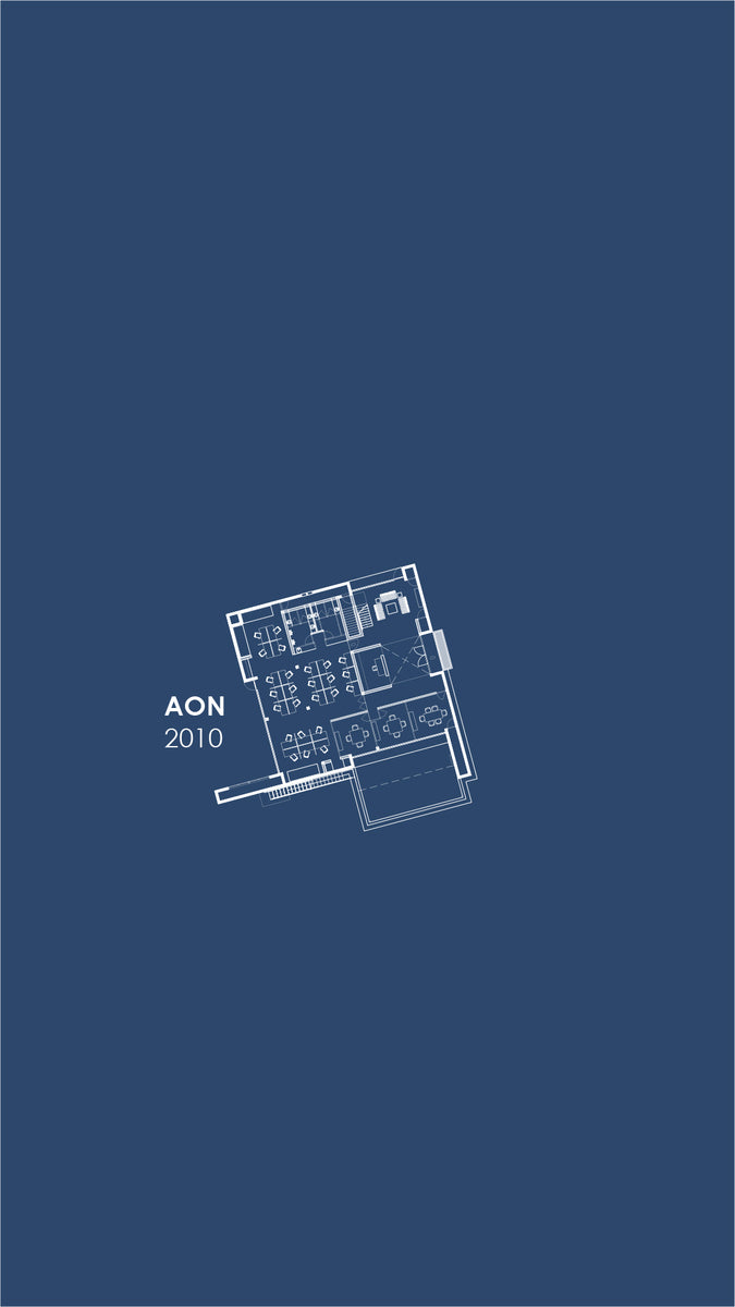 Office floor plan of AON in white line on blue, workstations grouped beside meeting rooms