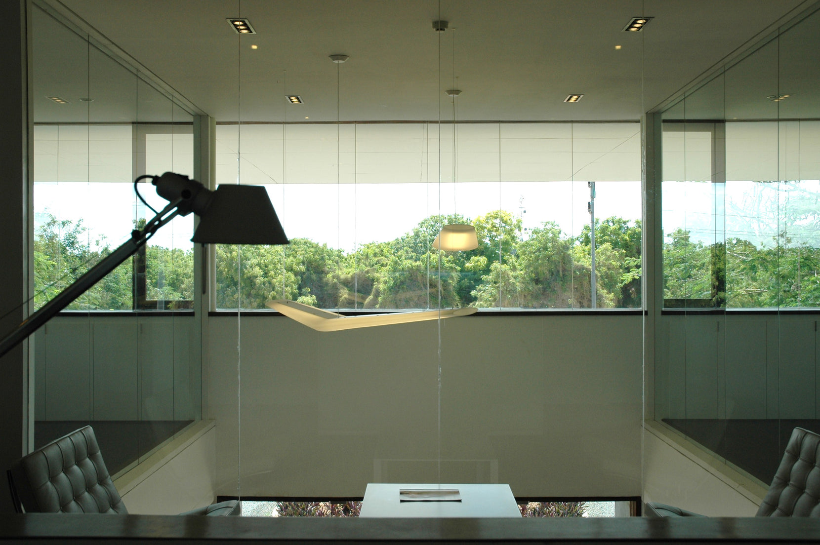 Meeting room behind glass partitions, a ribbon window framing the trees outside