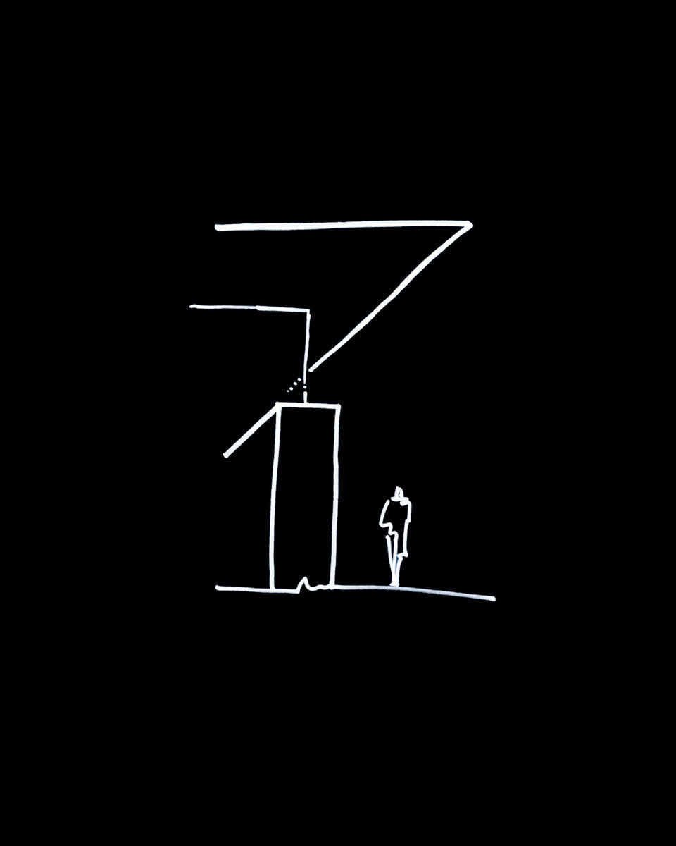 Concept sketch of the blade roof lifting above a solid block, with a figure for scale