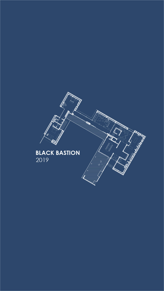 Floor plan of Black Bastion in white line on blue, stone wings flanking a central hall