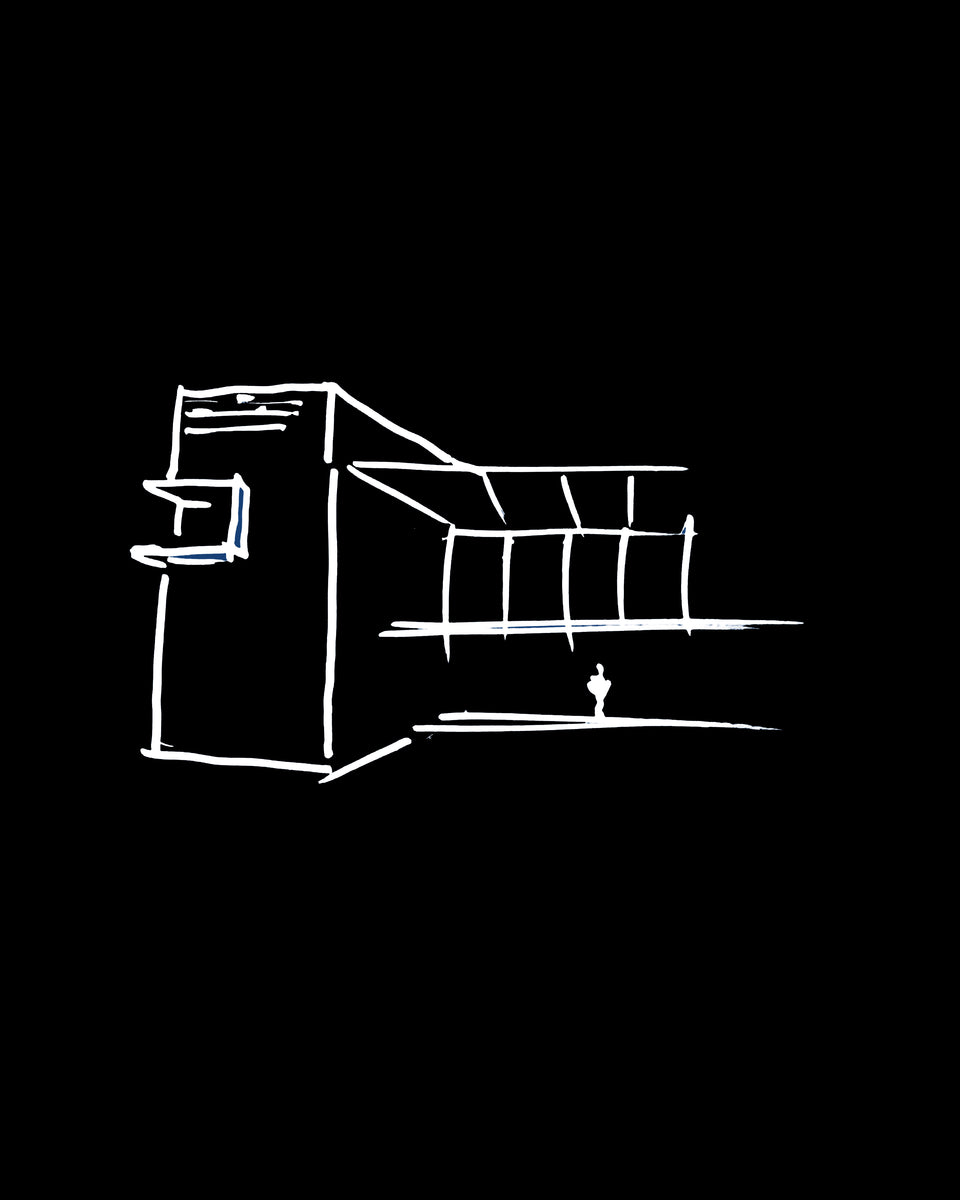 Concept sketch of the tall stone bastion with the lightweight roof spanning beside it