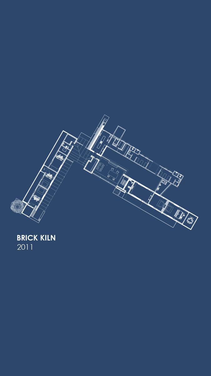 Floor plan of Brick Kiln House on blue ground, wings set at an angle around a court