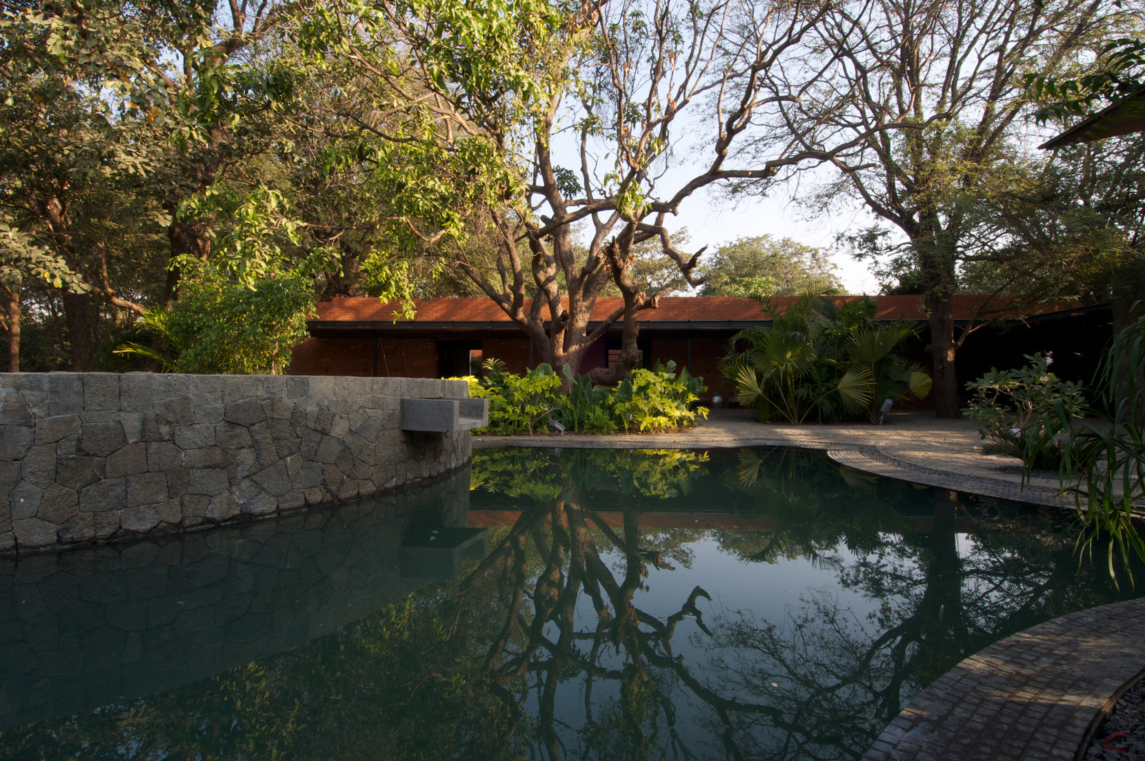 Rubble stone wall edging the pool, tree canopies reflected with the low house behind
