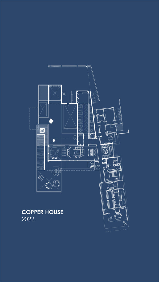 Blueprint plan of Copper House, 2022, its wings splayed around linked courtyards