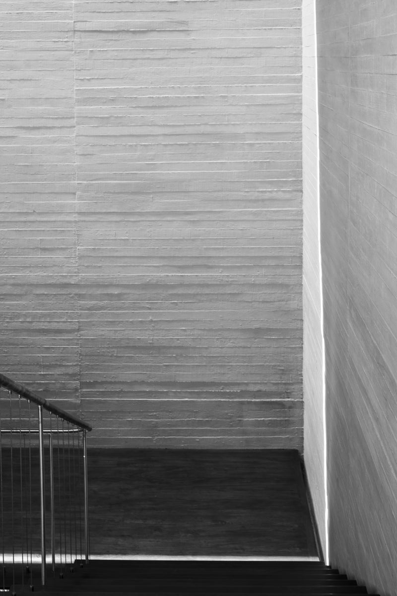 Board-marked concrete in monochrome, daylight raking down beside the stair balustrade