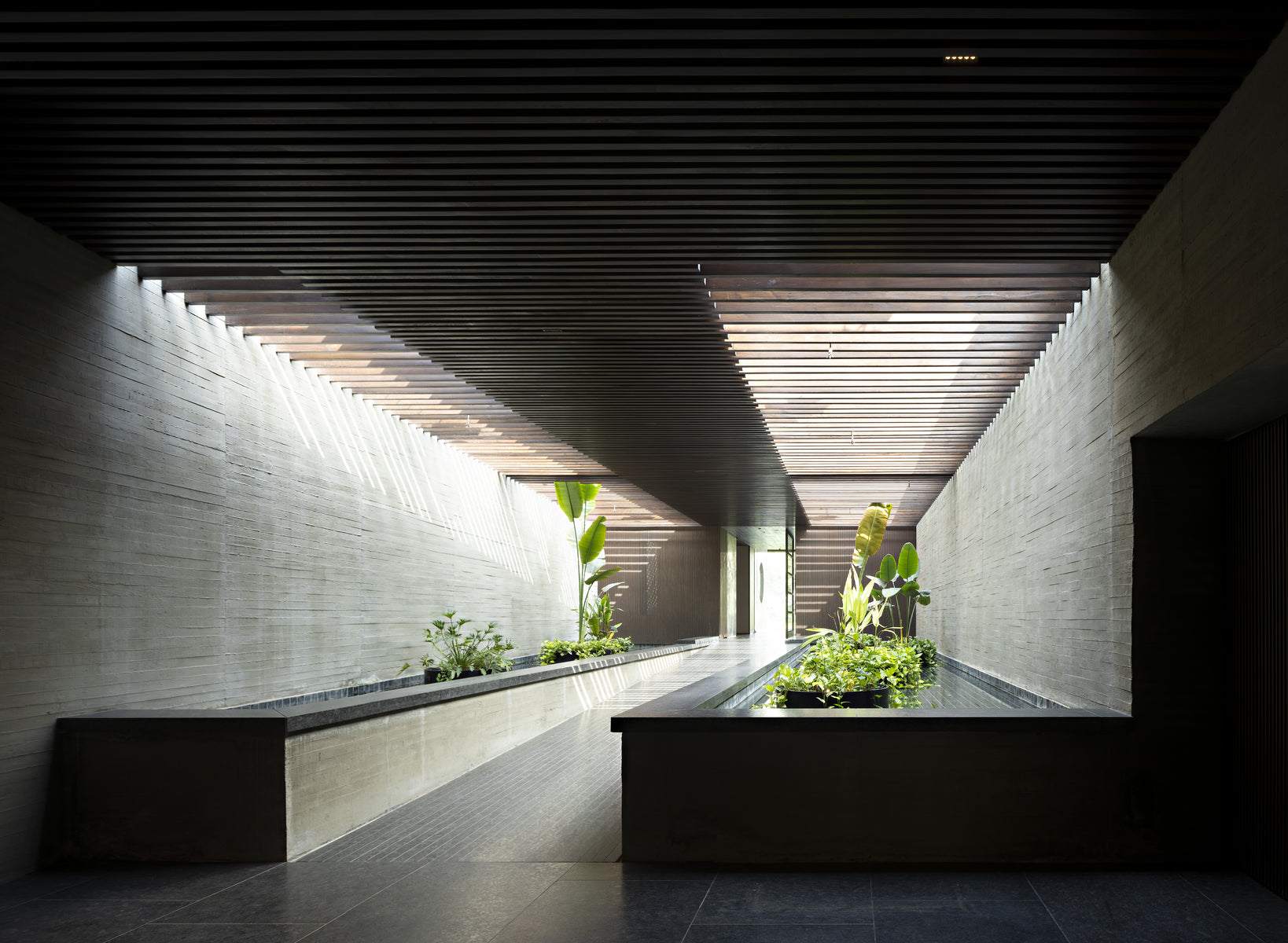 Sunken court between board-marked concrete walls, planting beds under a slatted ceiling