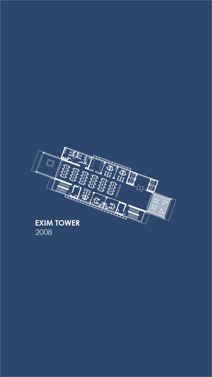 Typical floor plan of Exim Tower in white on blue, one commercial suite laid out per level