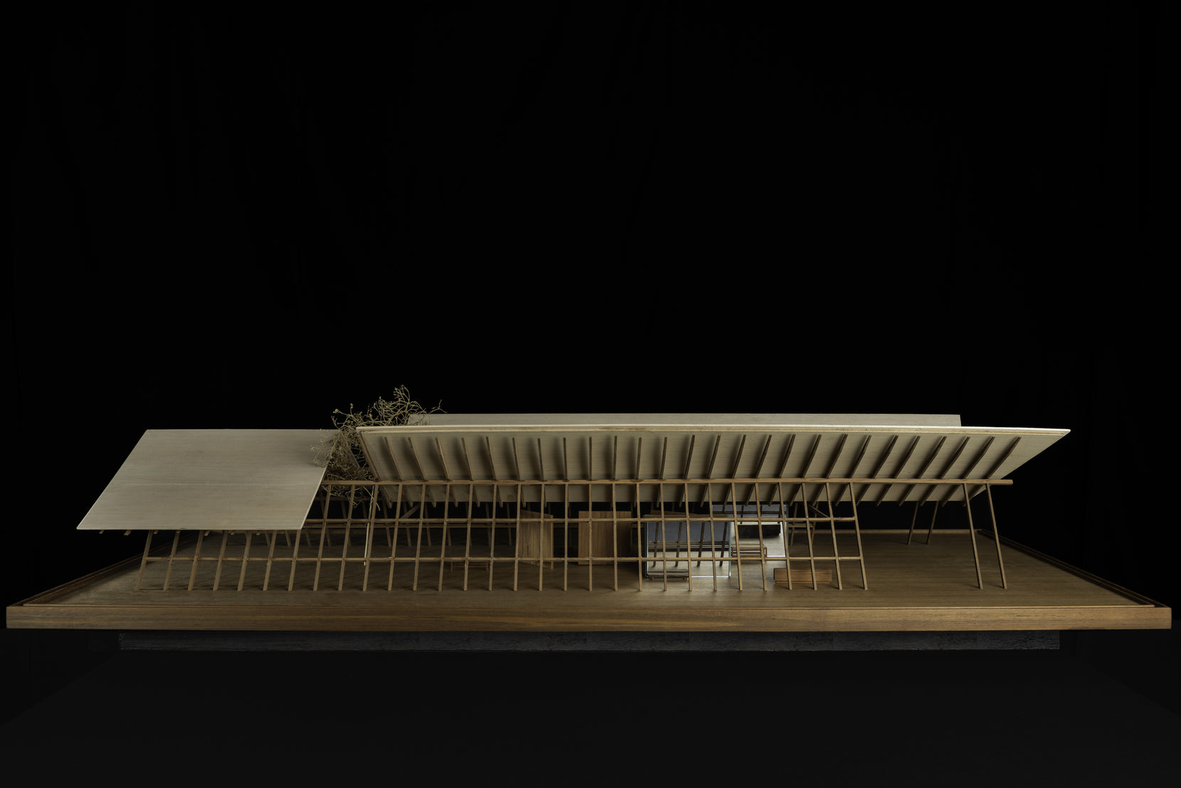 Side elevation of the study model, long roof carried on a colonnade of thin posts