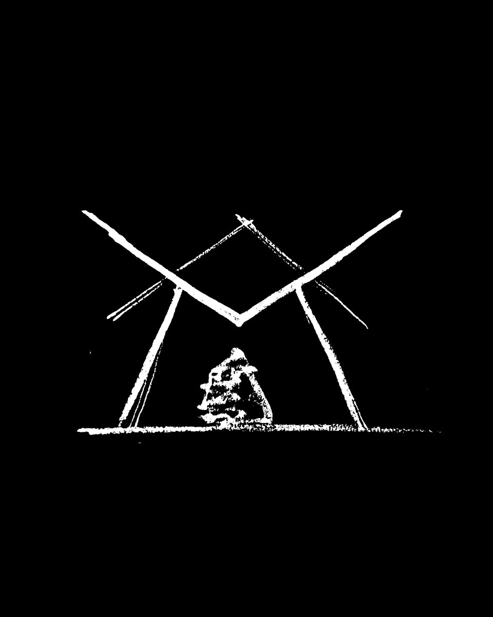 Concept sketch of GAIA, two roof planes meeting in a V over a rock