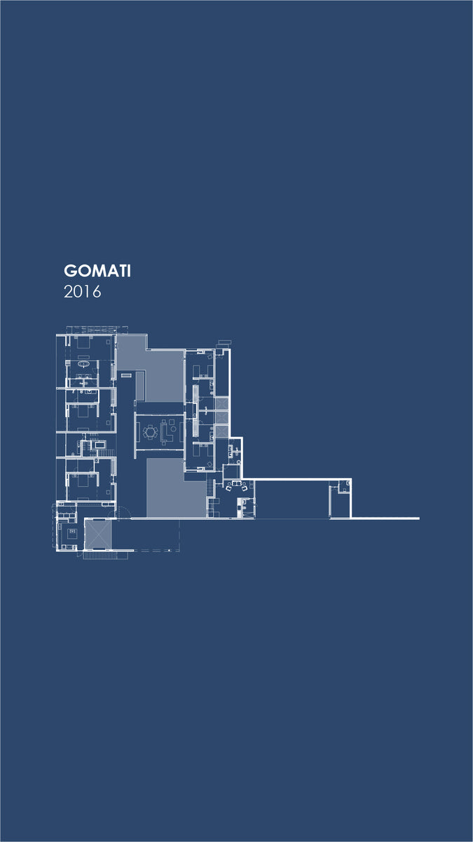 Floor plan of Gomati drawn in white on blue, bedrooms strung along a central spine