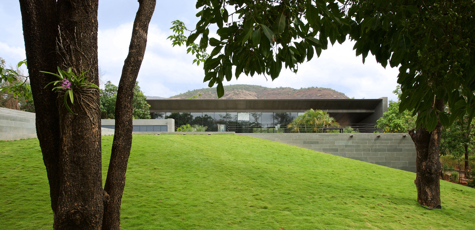Long cantilevered roof of Gomati framed between tree trunks above a sloping lawn