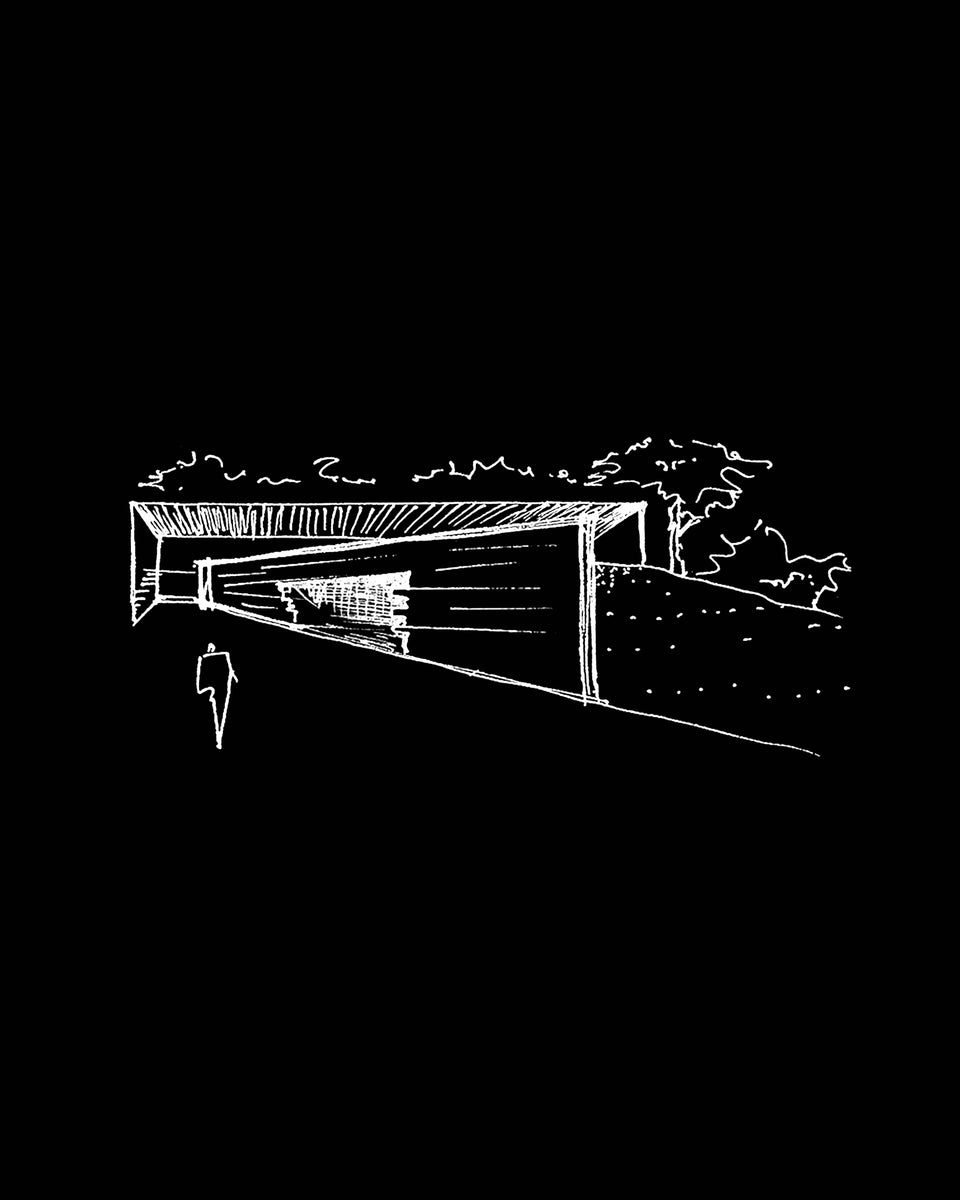 Concept sketch of the long roof cutting into the hillside, a figure walking beneath