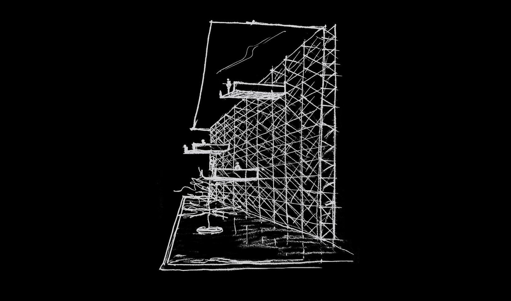 Section sketch of Goyal Headquarters, floor plates stepping against the tall tube screen