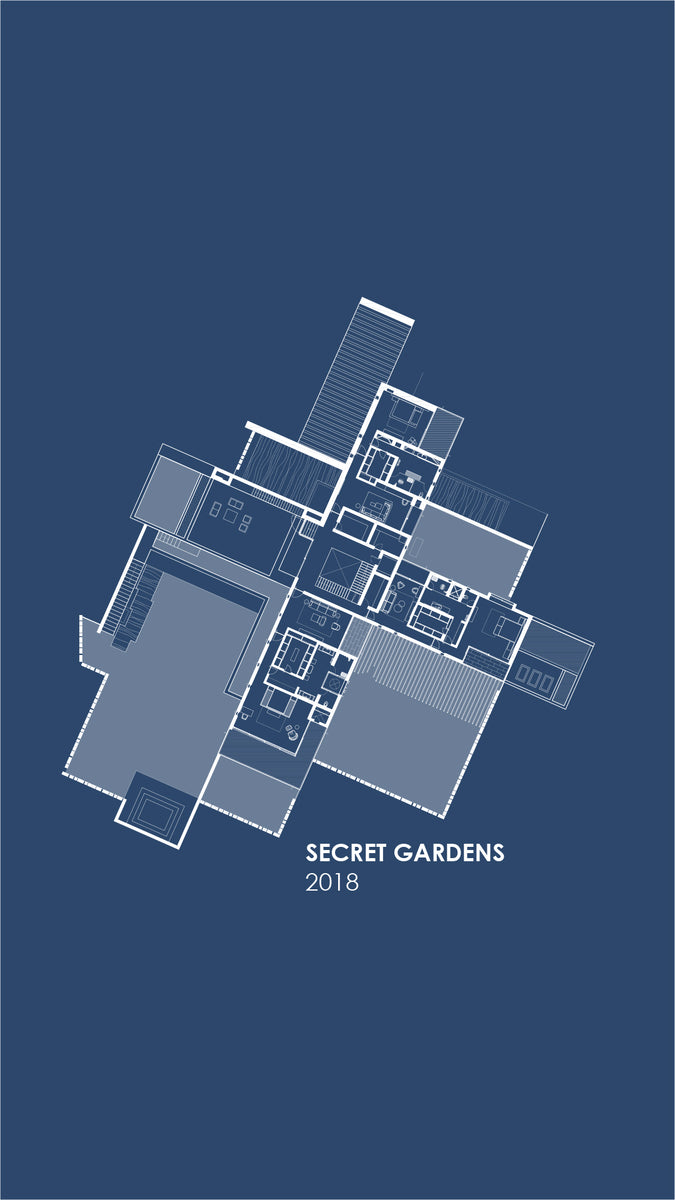 Floor plan of Secret Gardens in white on blue, cruciform arms wrapping four garden courts