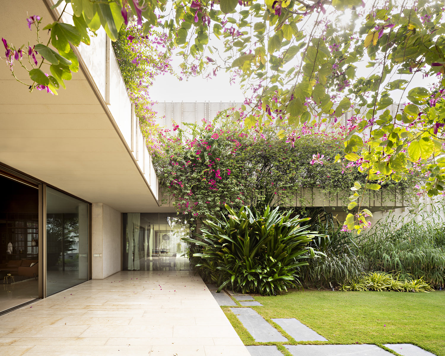 Bougainvillea spilling over the cantilevered edge at House of Secret Gardens, above stone paving