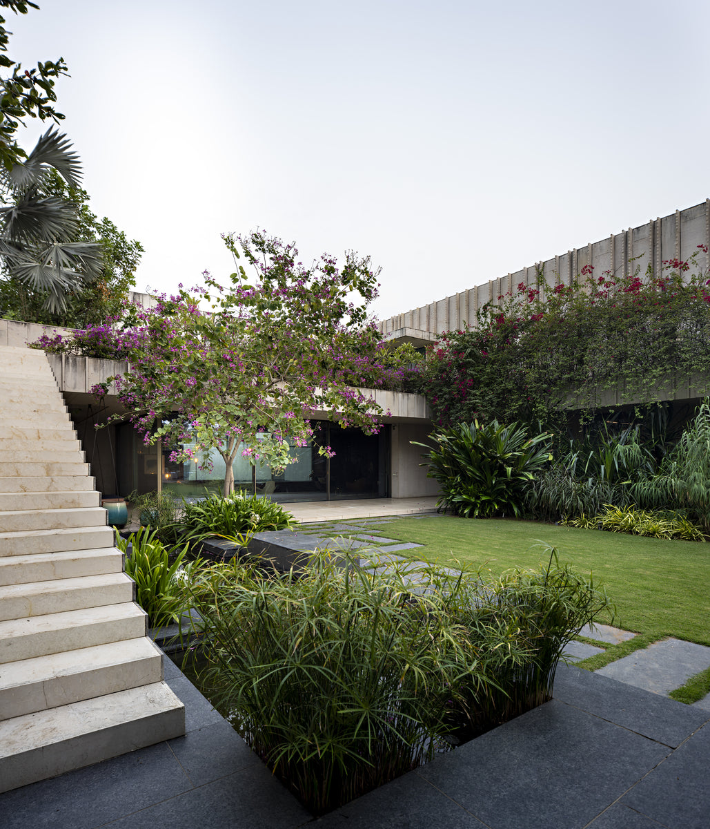Broad stone steps descending to the sunken garden, bougainvillea flowering over the roof edge