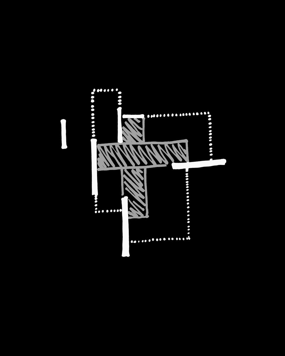 Diagram sketch of the cruciform plan, hatched arms crossing within a dotted site boundary