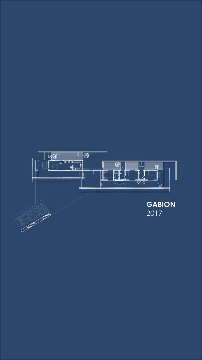 Floor plan of House with the Gabion in white on blue, rooms strung along a linear spine