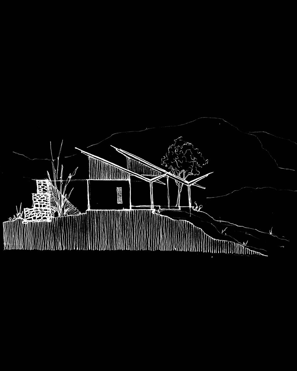 Sketch of the house on its slope, roof planes cantilevering past a stacked stone pier