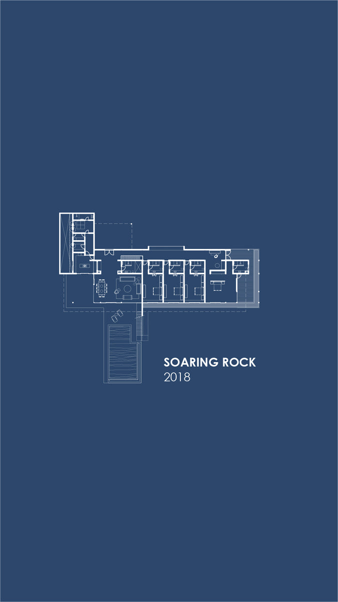 Blue title plan for Soaring Rock, 2018, with the entry court, living wing and pool outlined