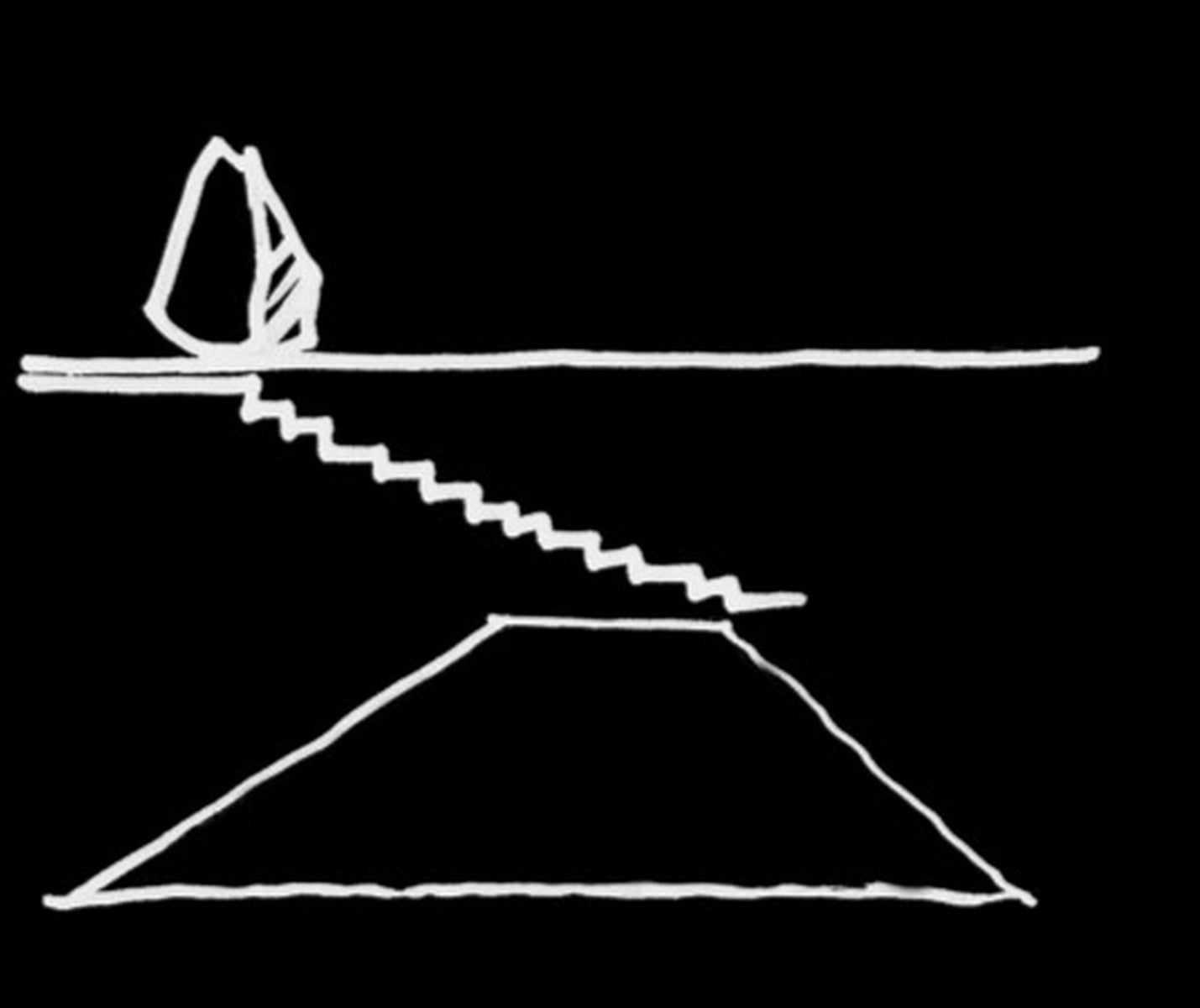 Sketch of the rock and stair perched on the line of the hill, drawn in white on black