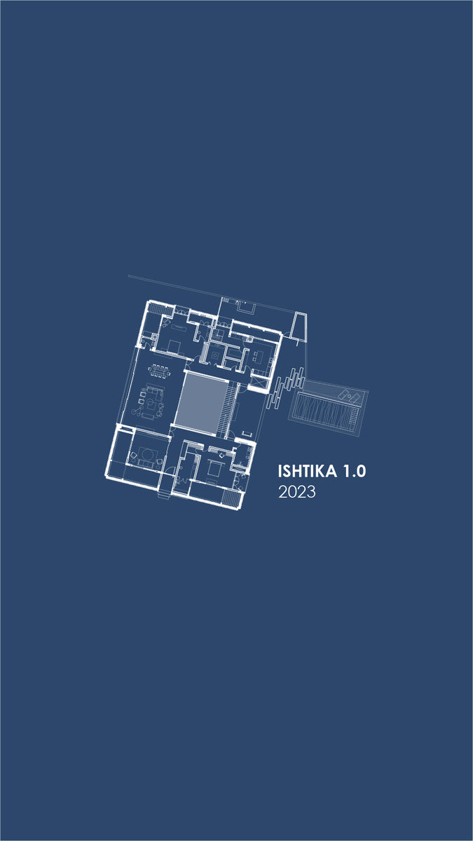 Floor plan of Ishtika on a blue title sheet, dated 2023, with the central courtyard shaded
