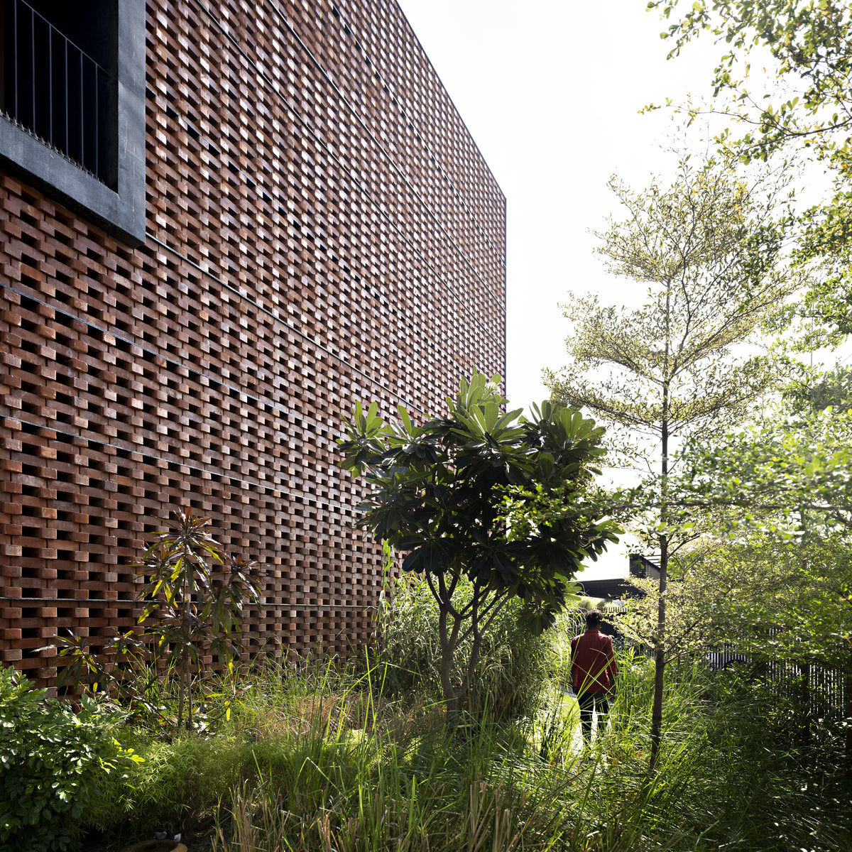 Brick veil running the length of the garden, a figure in red among the tall grasses