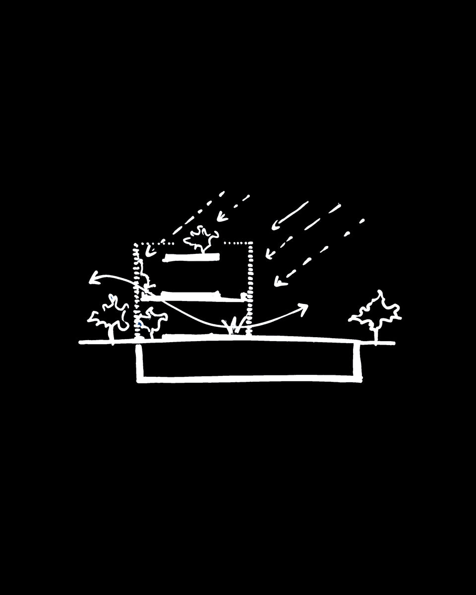 Section sketch with arrows showing sun and air movement through the jaali and courtyard