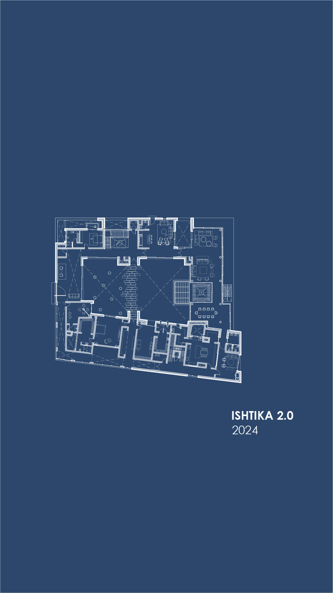 Blueprint floor plan of Ishtika 2.0, 2024, rooms arranged around a central courtyard