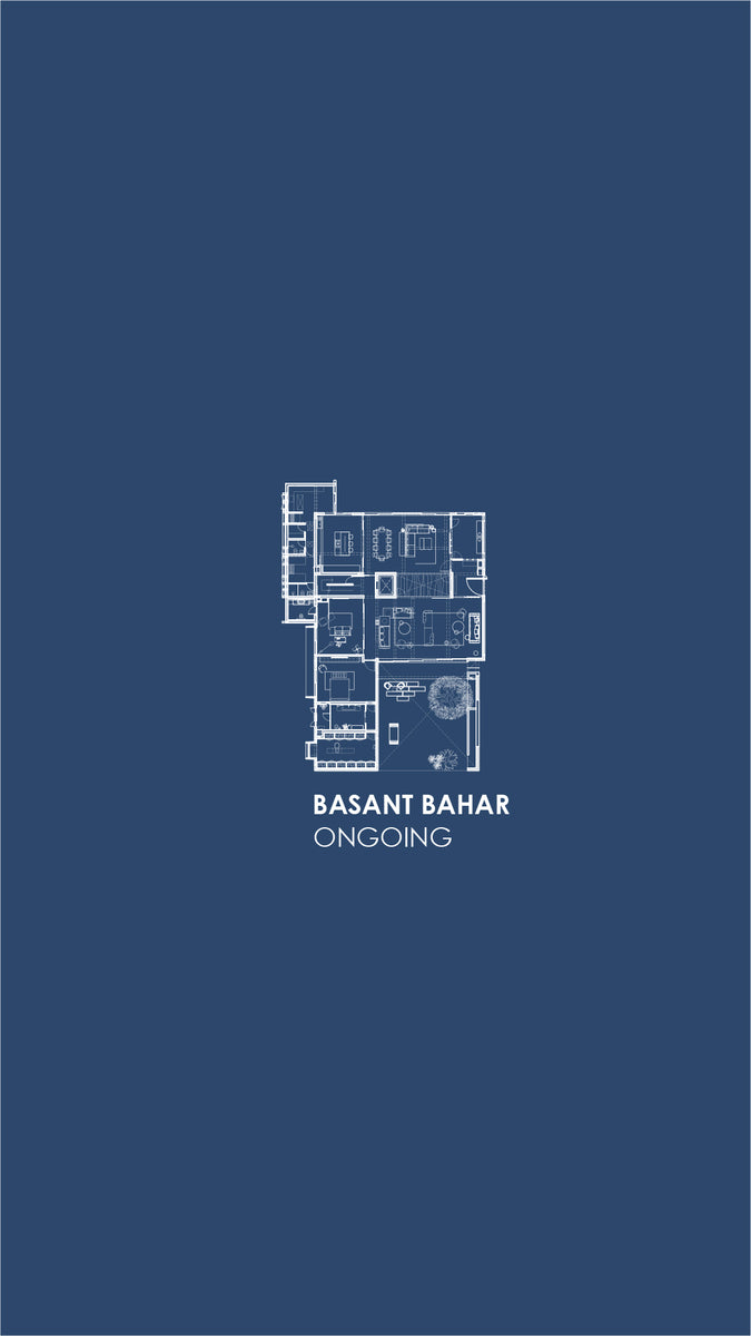 Floor plan drawn in white on blue, titled Basant Bahar and marked ongoing