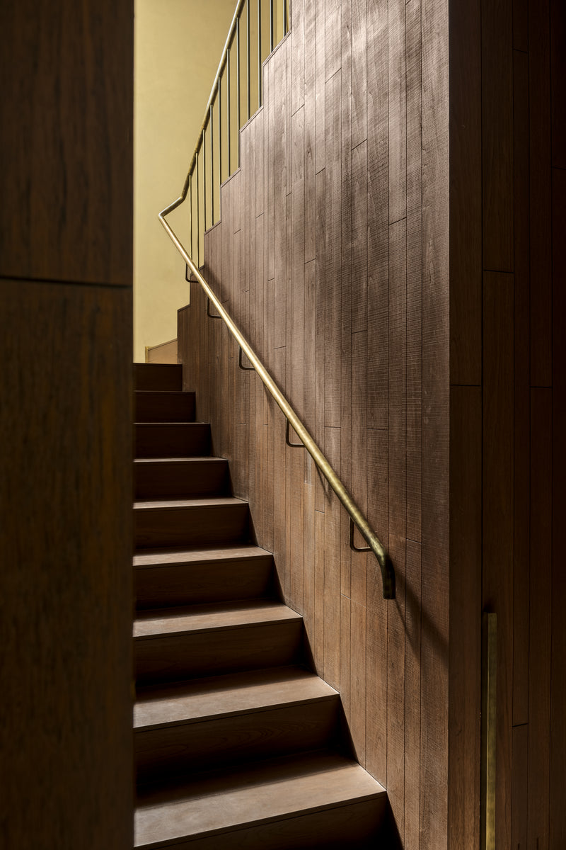 Timber-lined stair rising past a brass handrail, lit from a yellow-washed wall above
