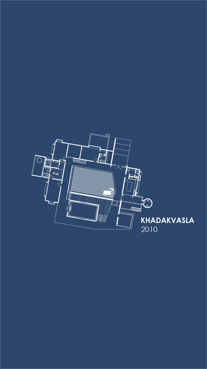 White-on-blue floor plan labelled Khadakvasla 2010, rooms wrapped around a central court