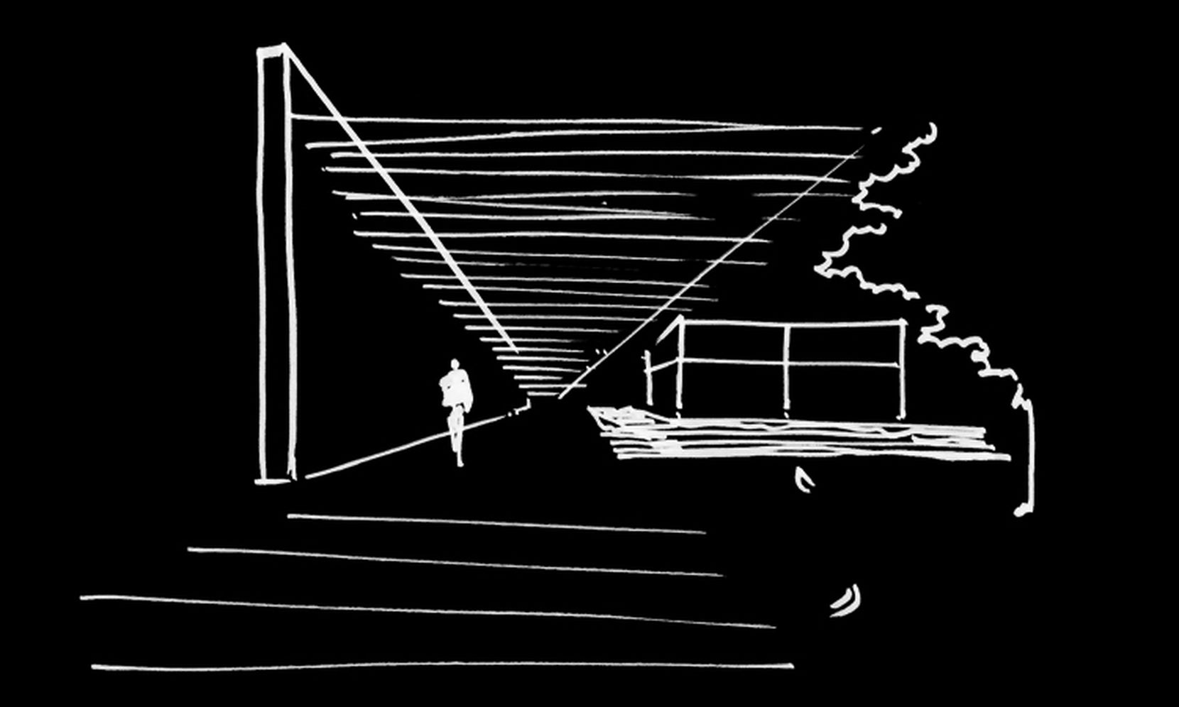 Perspective sketch of the verandah, its lattice roof sloping towards a figure and a tall wall