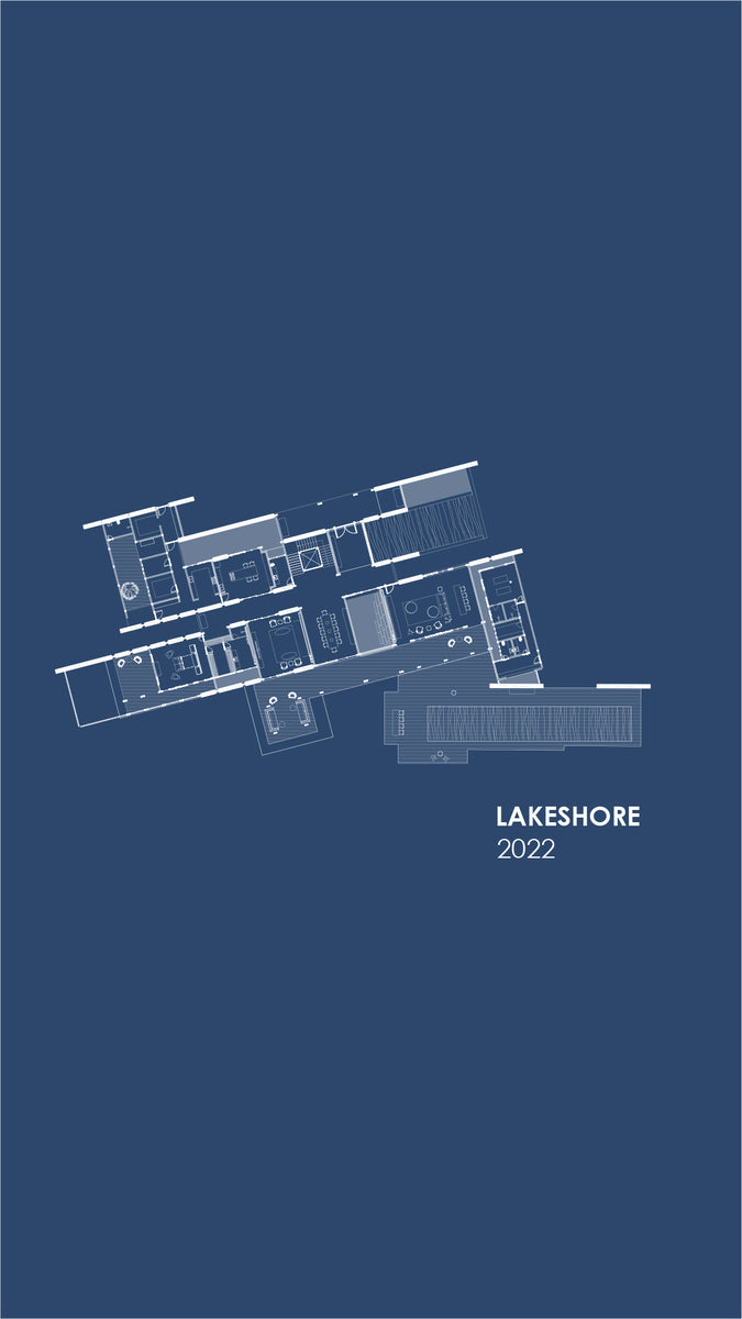 Floor plan of Lakeshore House drawn in white on blue, labelled Lakeshore 2022