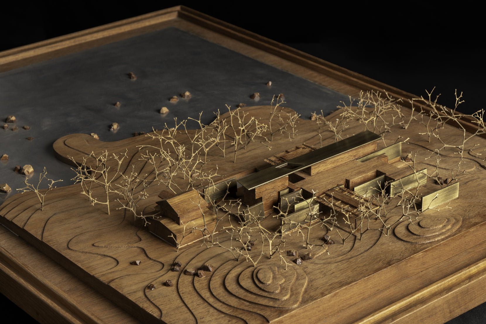 Study model seen obliquely, wire trees crowding the long linear plan on its timber base