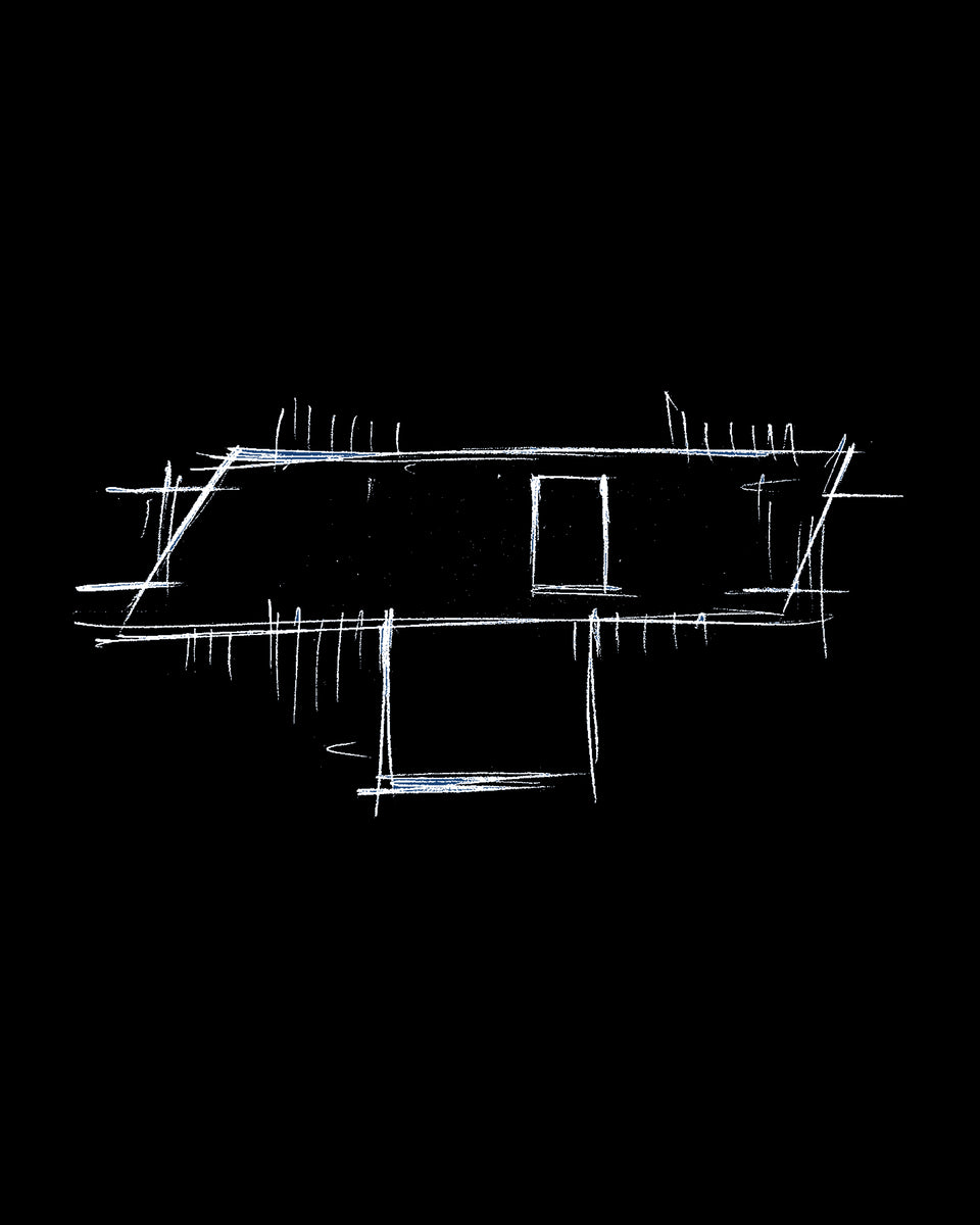 Concept sketch in white on black showing the roof plane and slender columns of the house
