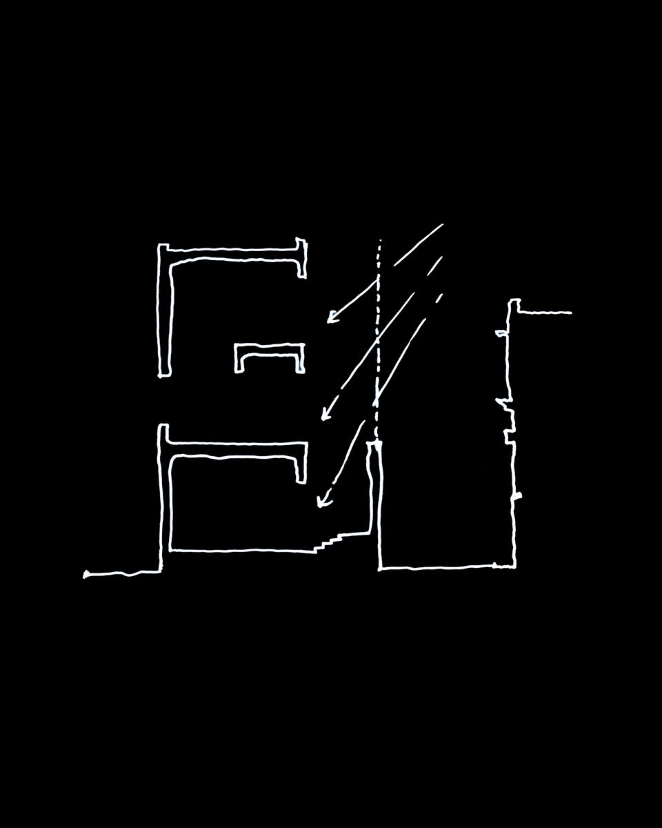 Sketch section with arrows showing daylight drawn down the shaft into the rooms