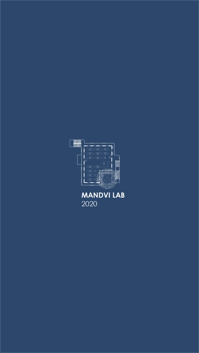 Floor plan of Mandvi Lab in white line on blue, labs wrapped around a courtyard tree