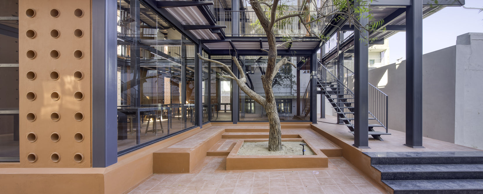 Courtyard tree in a raised terracotta planter, glazed labs and an external stair to one side