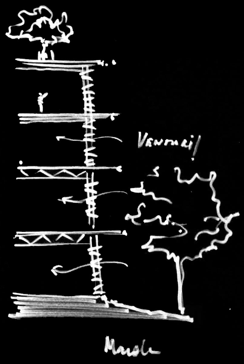Section sketch of the stacked floors with arrows marking ventilation and a tree alongside