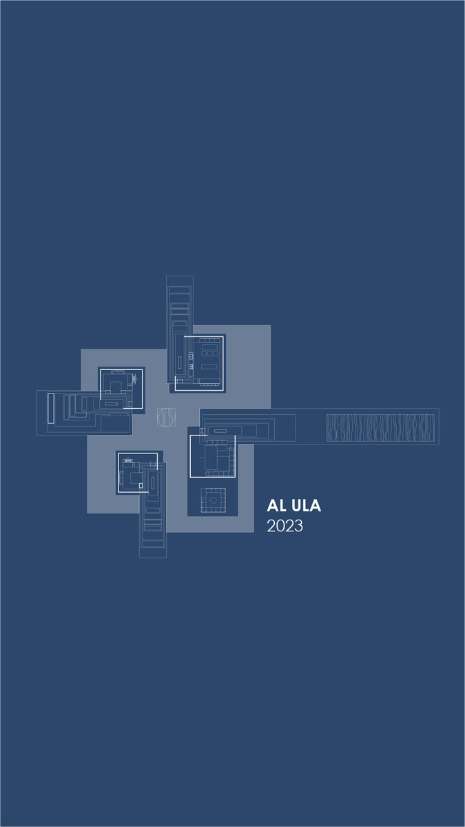 Plan of the AlUla farmhouse in white line on blue, four pavilions pinwheeled around a court