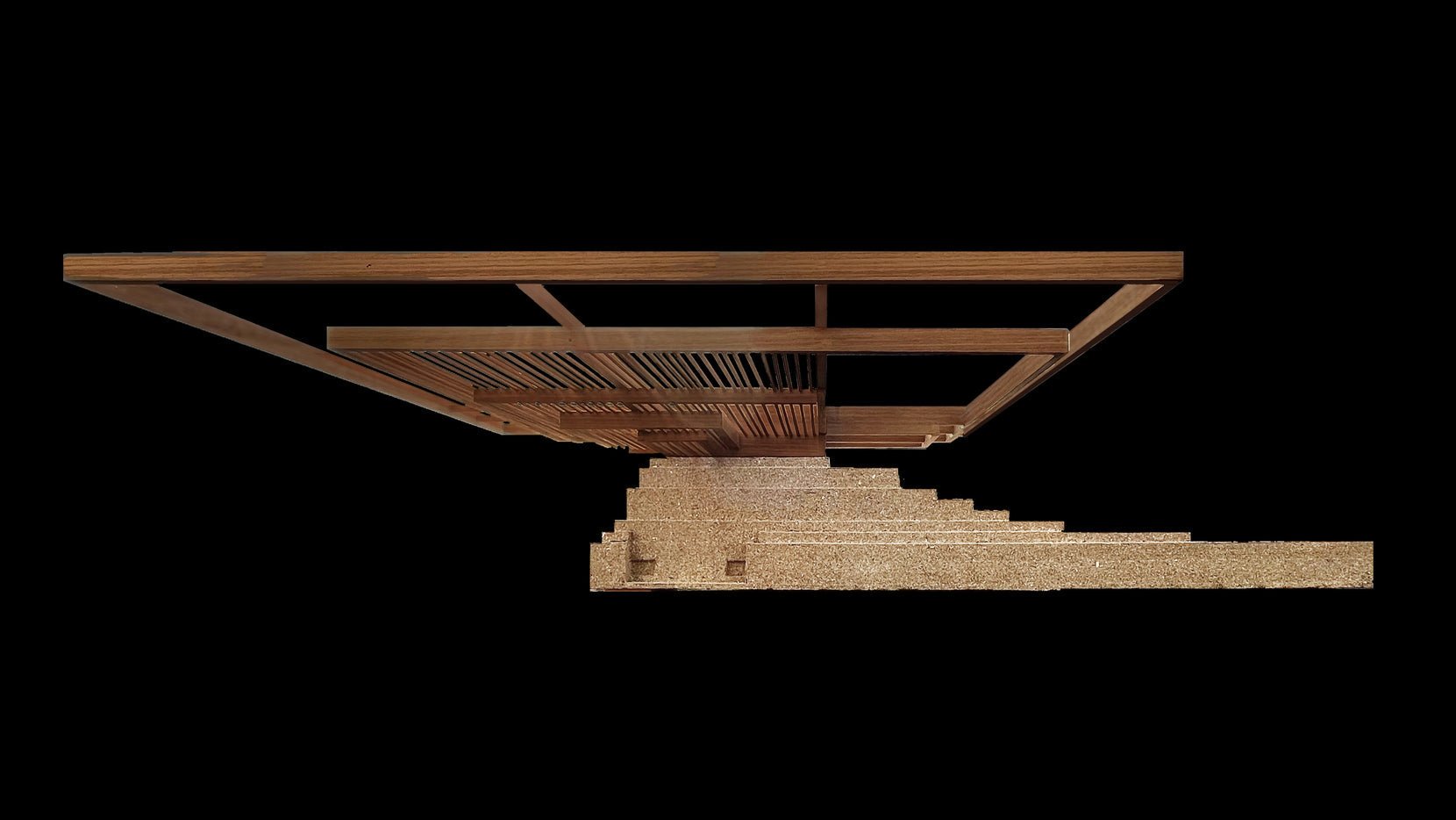 Sectional study model, timber roof frame hovering over the stepped earth mastaba base