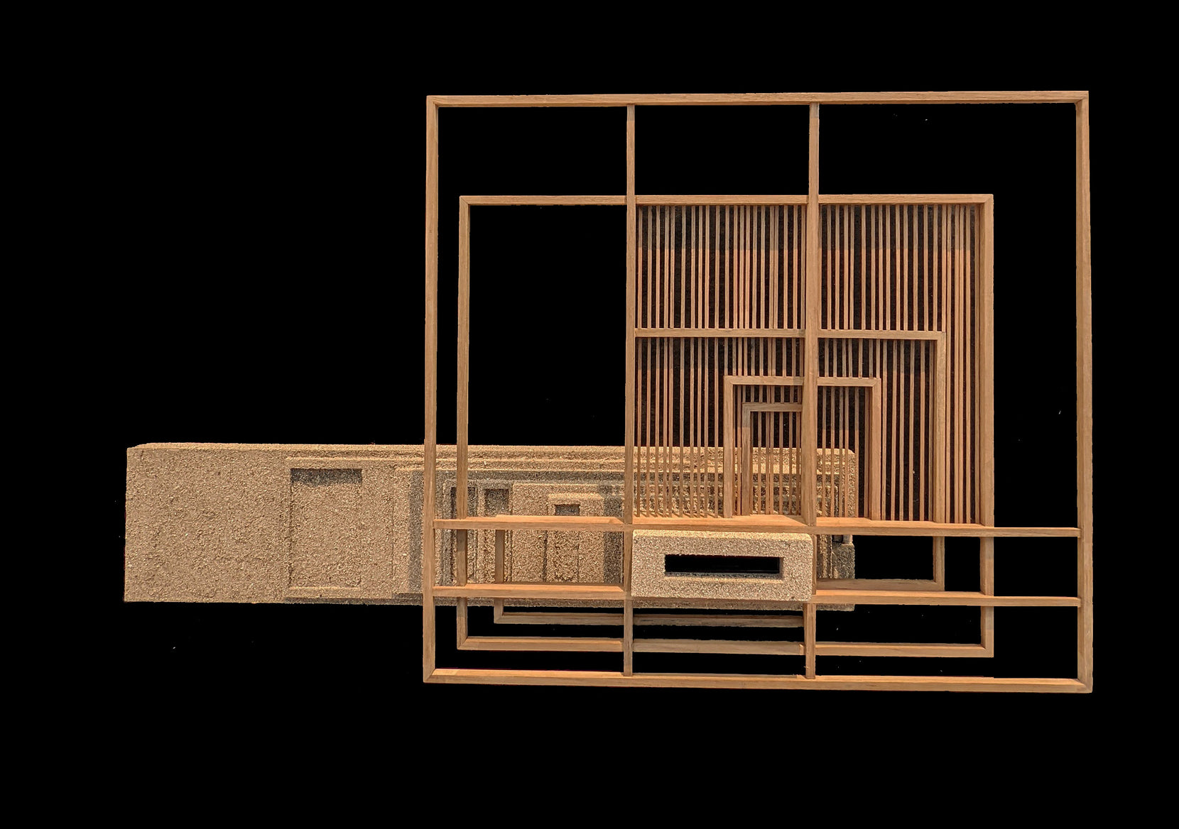 Timber-framed study model in elevation, louvres and stepped terraces set within an open grid
