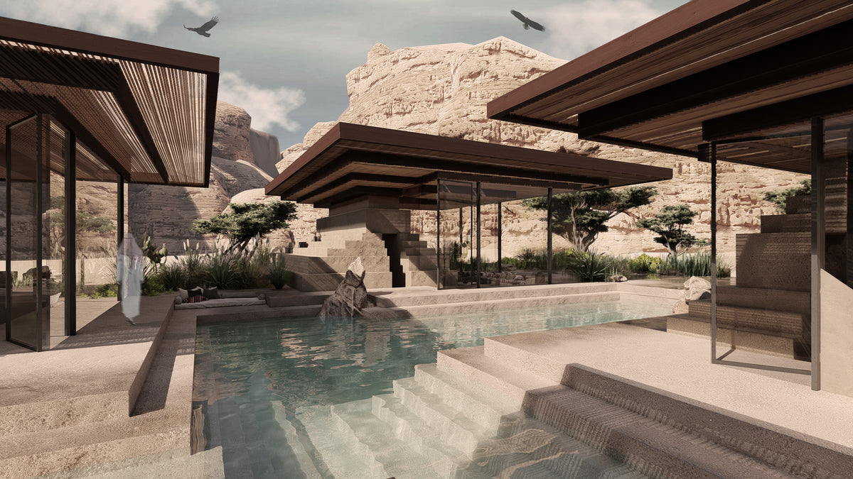 Mastaba Maskan pavilions set around a stepped pool beneath the sandstone cliffs of AlUla