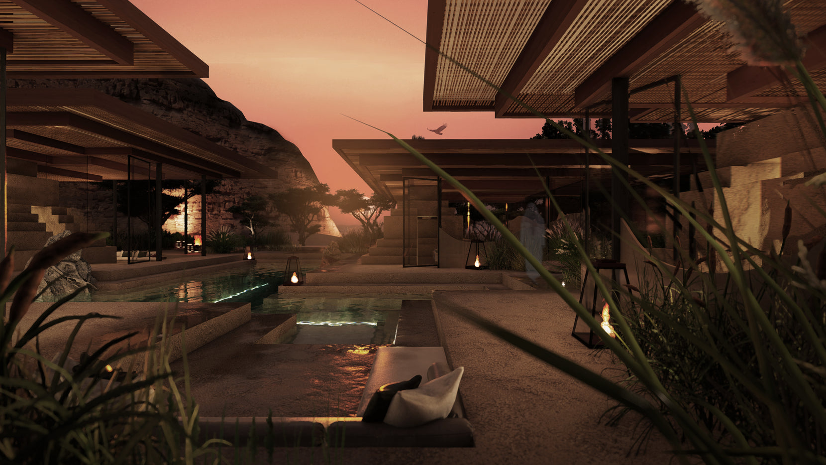 Water court at sunset, lanterns and firelight glowing between the pavilions under a pink sky