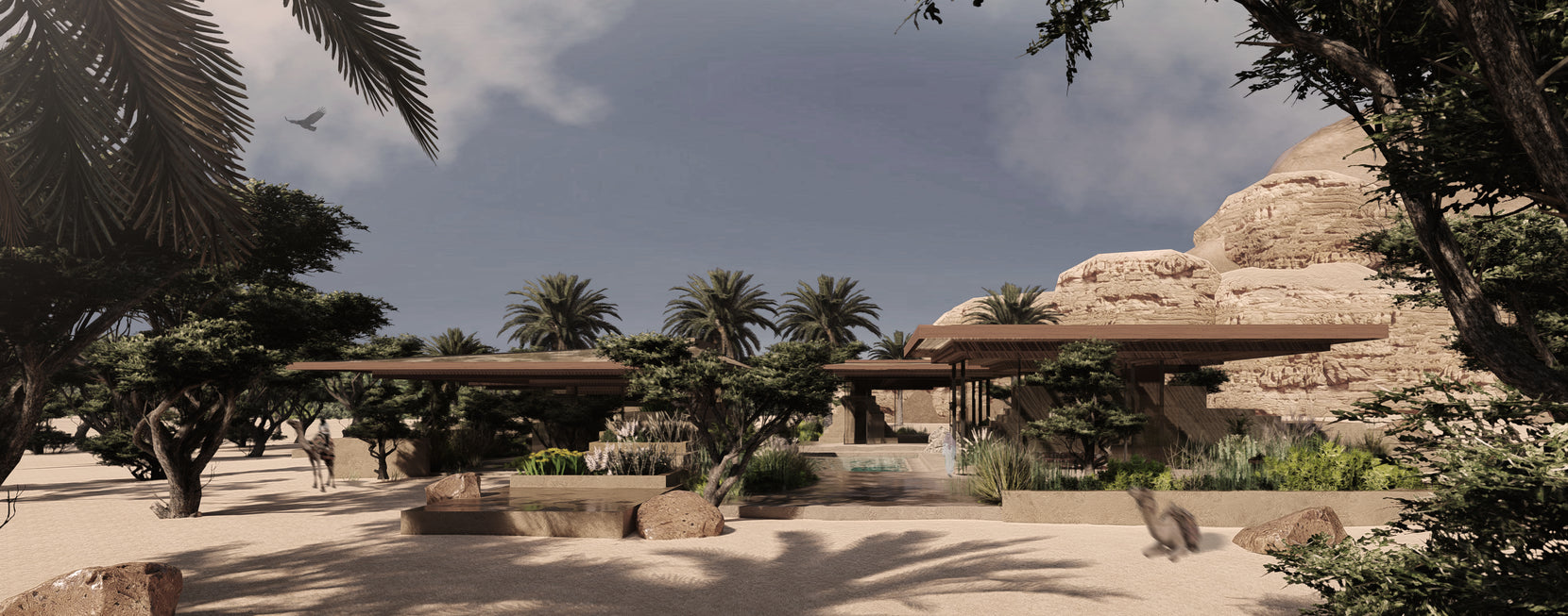 Thin roof line of the farmhouse glimpsed across the oasis, palms and sandstone outcrops beyond