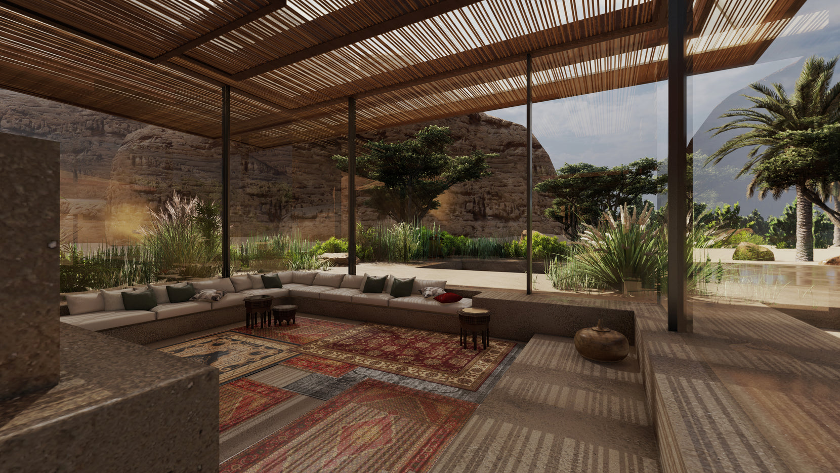 Sunken majlis with long banquette seating and layered rugs under a slatted timber pergola