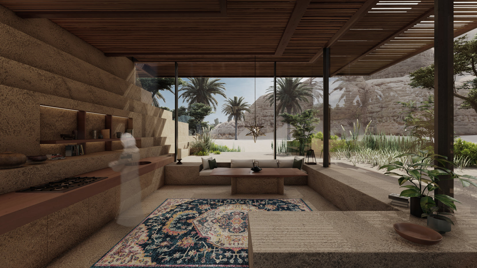 Living room set into stepped adobe walls, opening to date palms across the desert floor