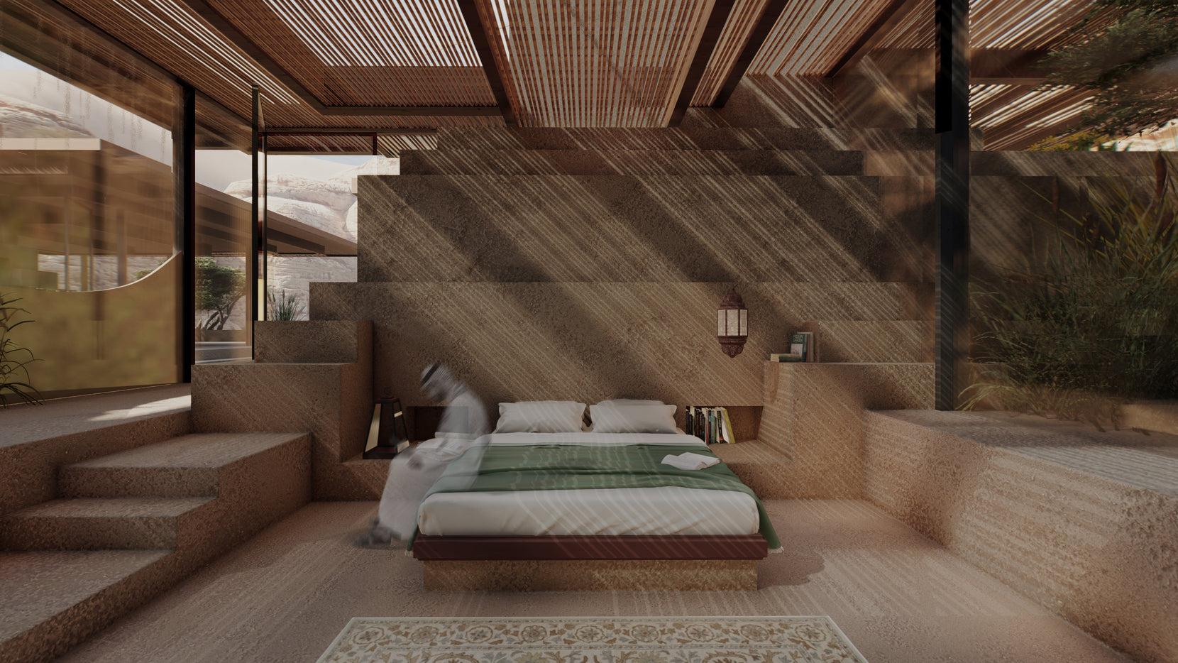 Bedroom against a banded rammed-earth wall, slatted timber ceiling above and steps to one side